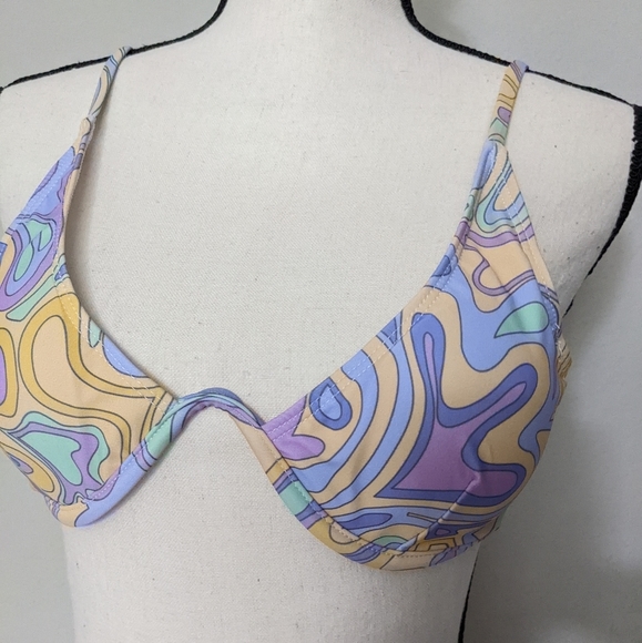 Abstract pattern purple green and yellow push up bikini top size L - Picture 5 of 10